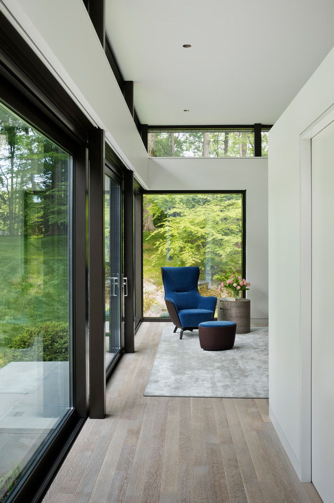 Источник вдохновения для домашнего уюта: большой коридор в стиле модернизм с белыми стенами, паркетным полом среднего тона и коричневым полом