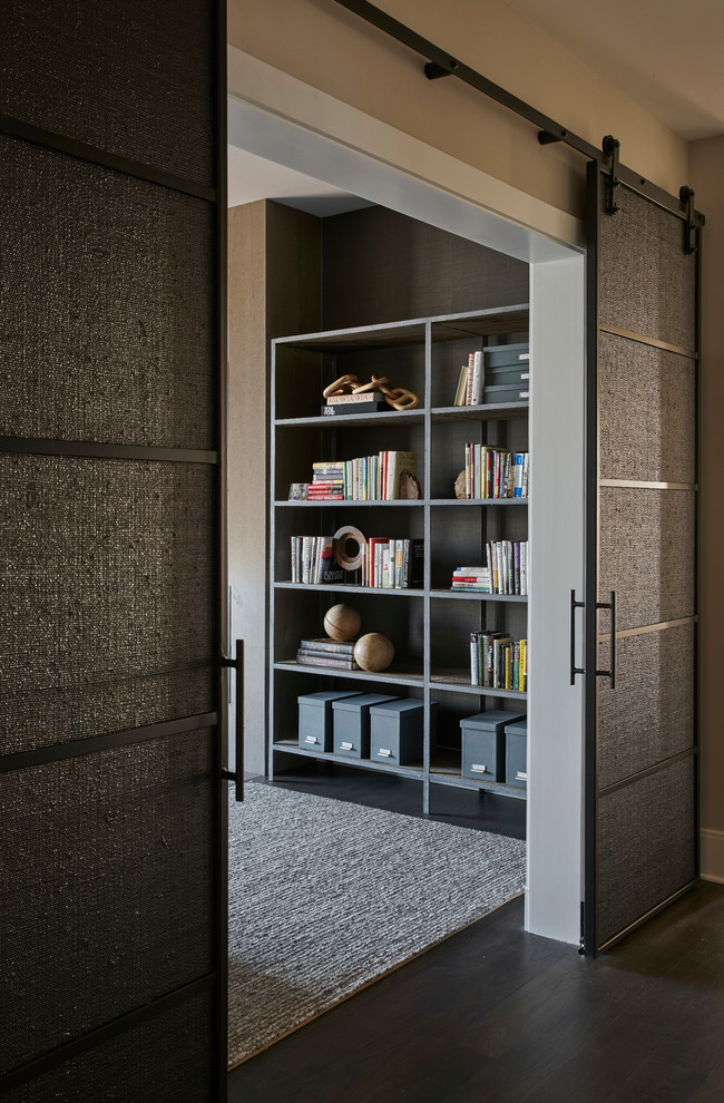 Источник вдохновения для домашнего уюта: коридор среднего размера в стиле модернизм с серыми стенами и темным паркетным полом