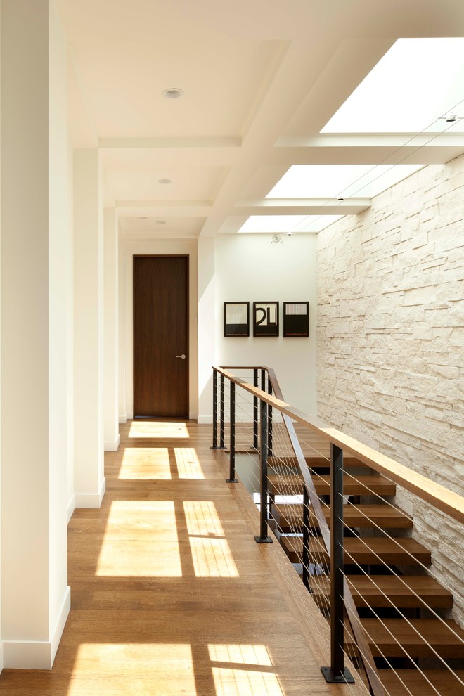 Moderner Flur mit weißer Wandfarbe und braunem Holzboden in Minneapolis