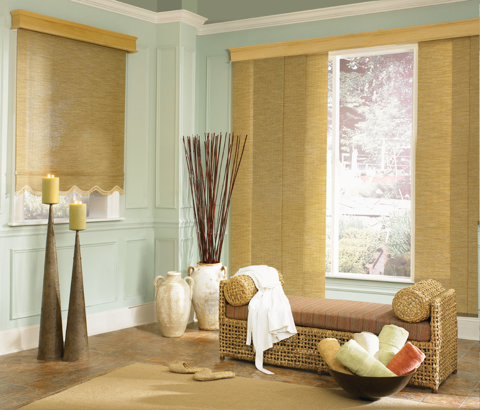 Large elegant medium tone wood floor and brown floor hallway photo in Bridgeport with blue walls
