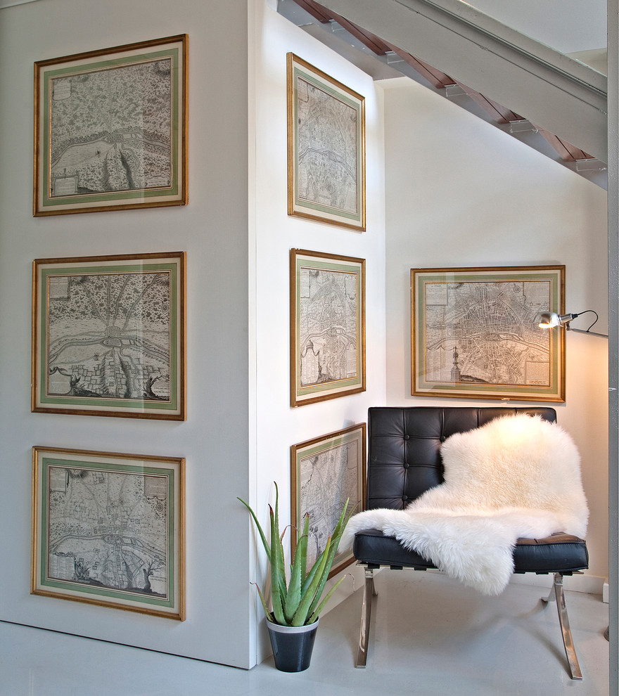 Inspiration for an eclectic hallway remodel in Madrid with white walls