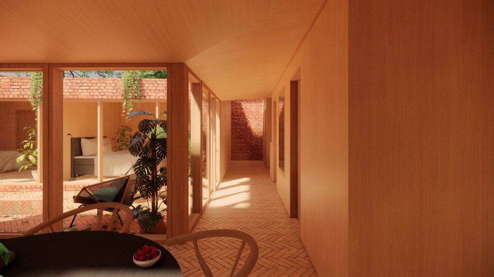 Foto de recibidores y pasillos modernos pequeños con paredes beige, suelo de ladrillo y suelo beige