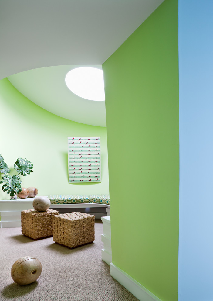 Diseño de recibidores y pasillos marineros grandes con paredes verdes, moqueta y suelo beige