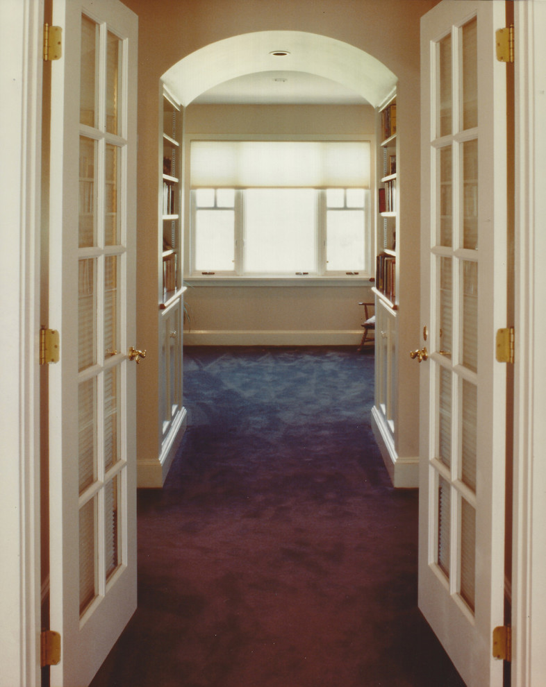 Hallway - mid-sized transitional carpeted hallway idea in Philadelphia with beige walls