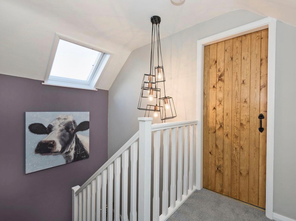 Источник вдохновения для домашнего уюта: маленький коридор в классическом стиле с фиолетовыми стенами, ковровым покрытием и серым полом для на участке и в саду