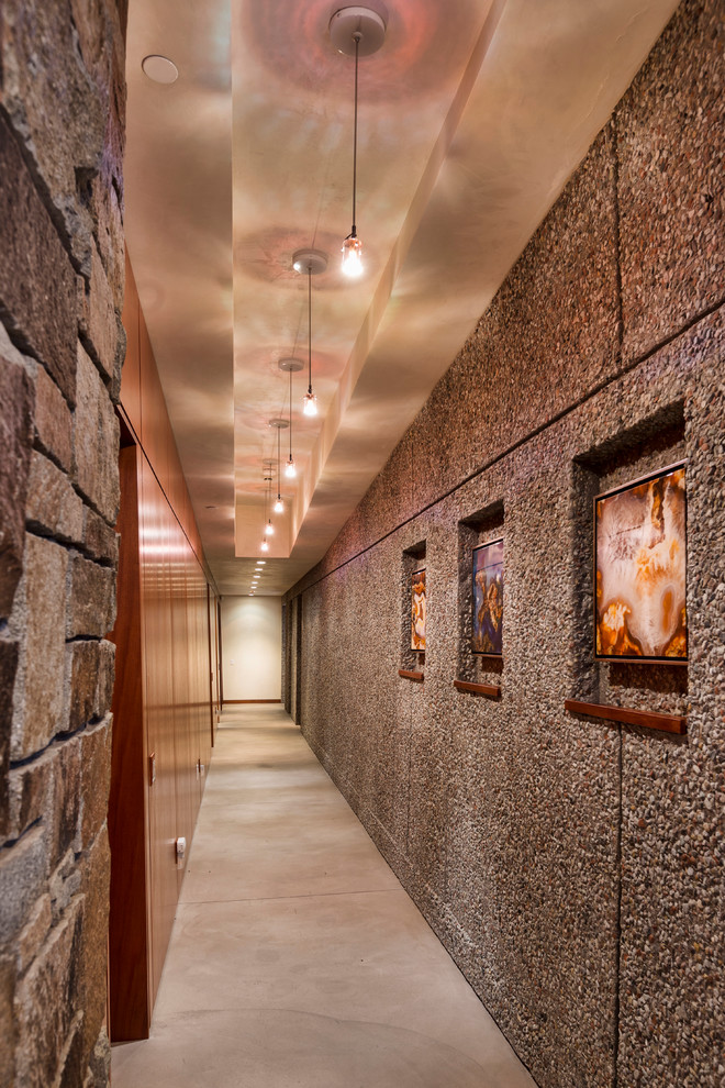 デンバーにあるラグジュアリーな巨大なコンテンポラリースタイルのおしゃれな廊下 (茶色い壁、コンクリートの床、グレーの床) の写真