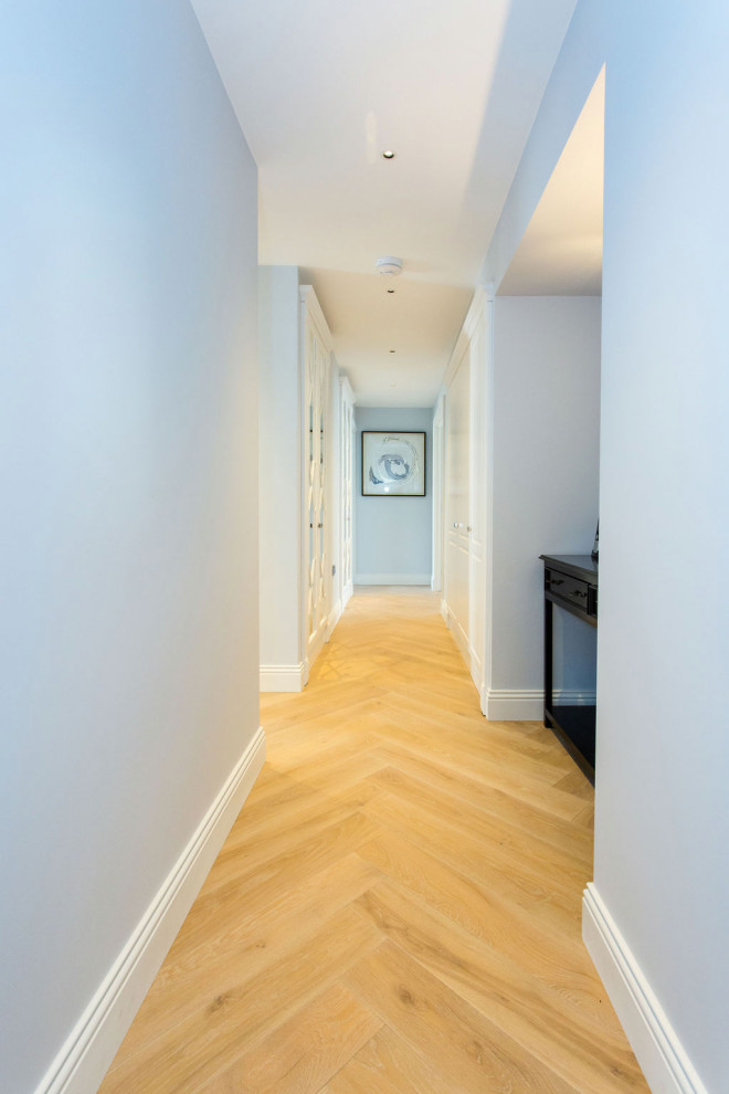 Cette photo montre un couloir tendance de taille moyenne avec un mur bleu, parquet clair et un sol beige.
