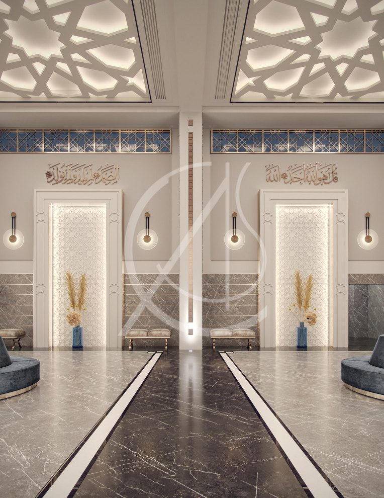 Imagen de recibidores y pasillos minimalistas extra grandes con paredes multicolor y suelo beige