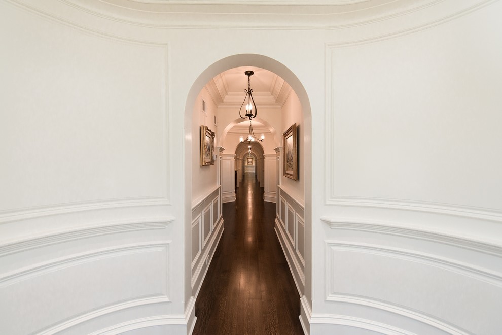 Ispirazione per un ampio ingresso o corridoio classico con pareti bianche e parquet scuro