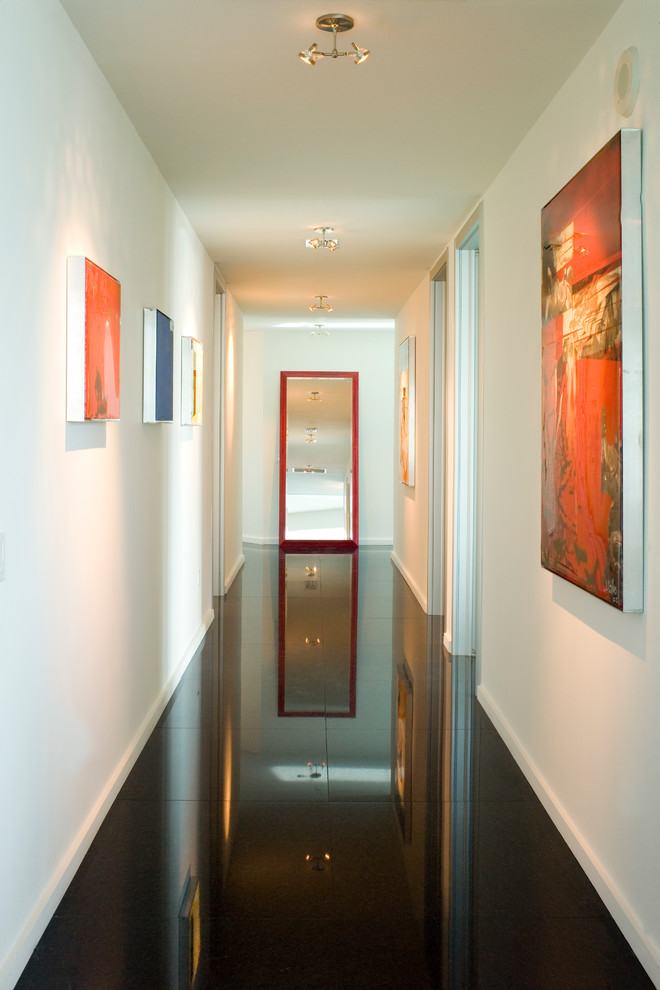 Immagine di un ingresso o corridoio design con pareti bianche e pavimento nero