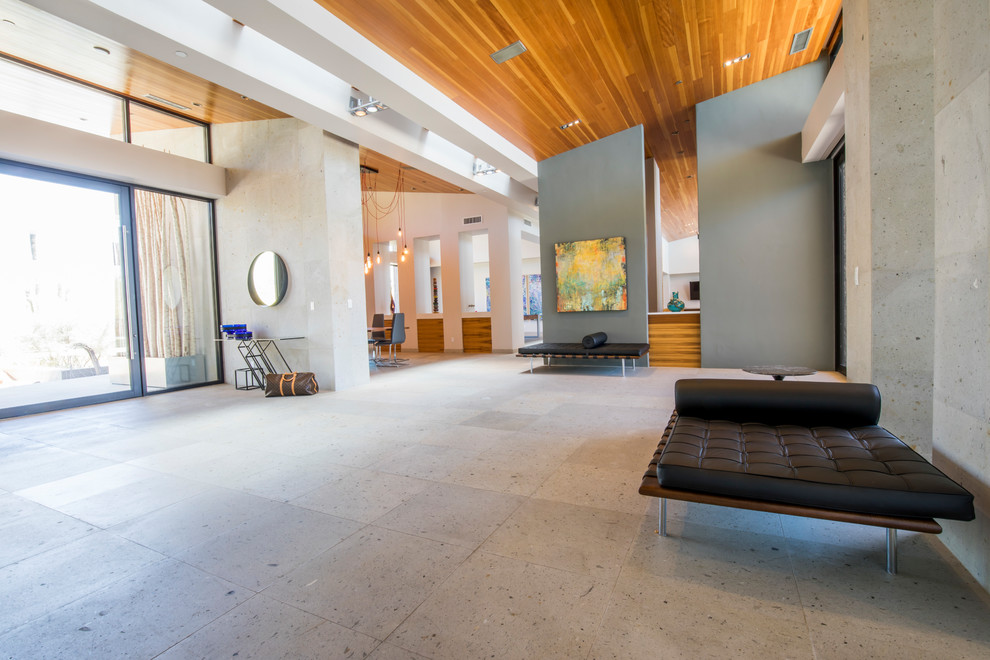 Ejemplo de recibidores y pasillos minimalistas grandes con paredes grises, suelo de cemento y suelo gris
