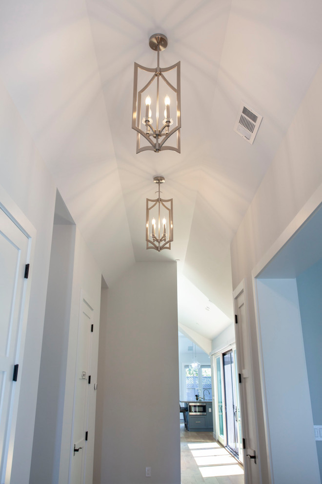 Immagine di un ingresso o corridoio minimal di medie dimensioni con pareti bianche, pavimento in legno massello medio, pavimento marrone e soffitto a volta