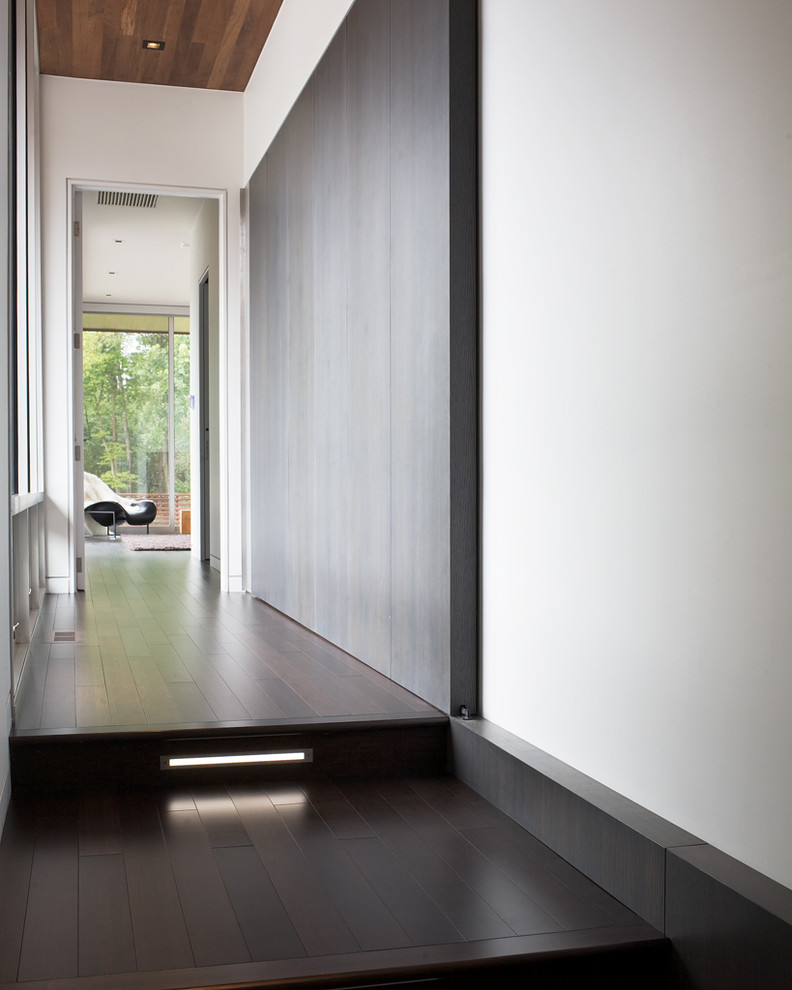 Cette image montre un couloir minimaliste avec un mur blanc et parquet foncé.