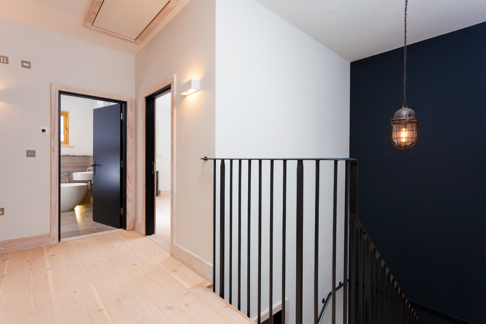 Imagen de recibidores y pasillos minimalistas grandes con paredes negras y suelo de madera clara