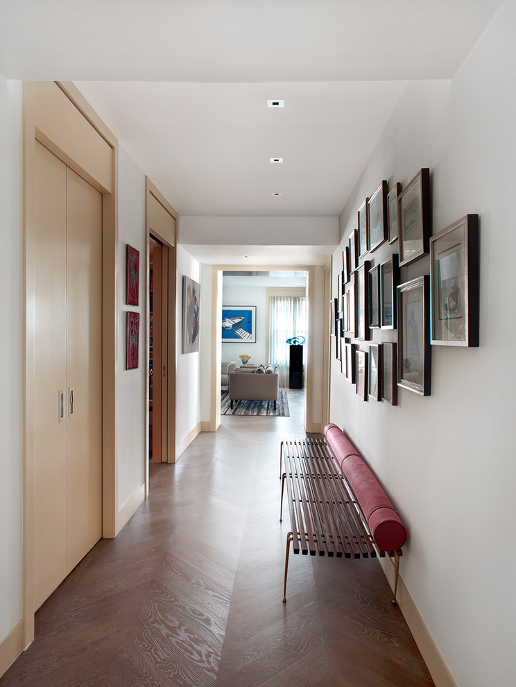 Esempio di un ingresso o corridoio minimal con pareti bianche, parquet scuro e pavimento marrone