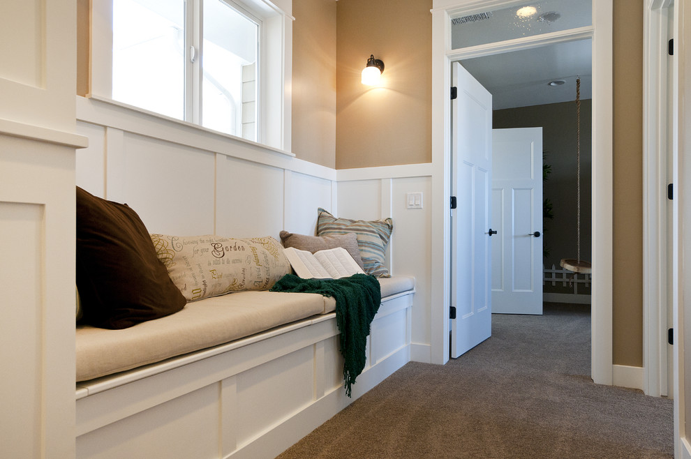 Inspiration for a large craftsman carpeted hallway remodel in Salt Lake City with beige walls