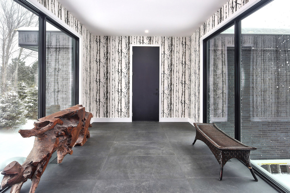 トロントにある高級な広いコンテンポラリースタイルのおしゃれな廊下 (磁器タイルの床、白い壁、グレーの床) の写真