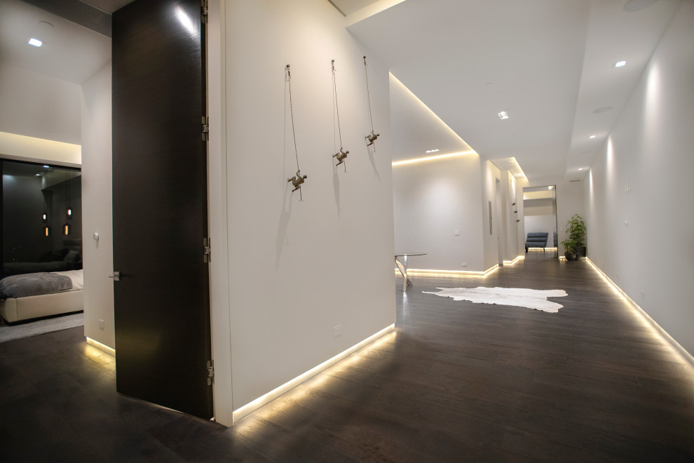 Immagine di un ingresso o corridoio minimalista di medie dimensioni con pareti bianche, parquet scuro e pavimento marrone