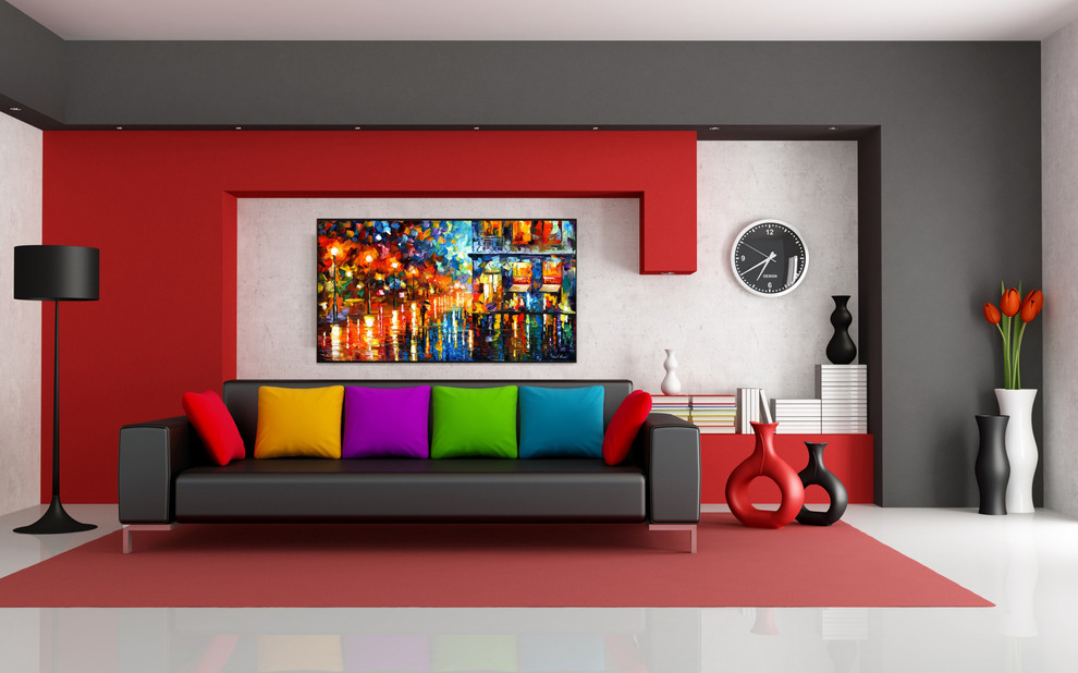 Источник вдохновения для домашнего уюта: большой коридор в стиле модернизм с красными стенами
