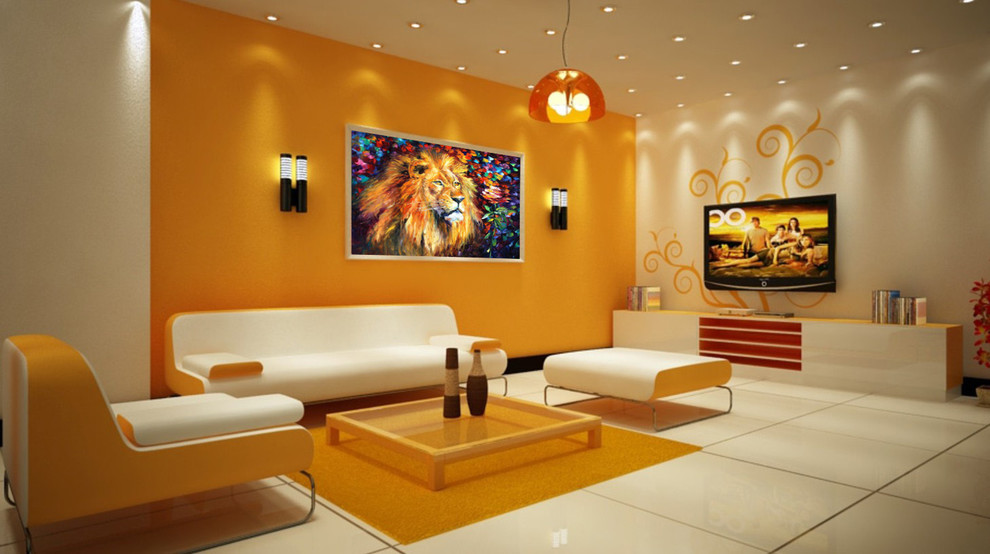 На фото: большой коридор в классическом стиле с оранжевыми стенами