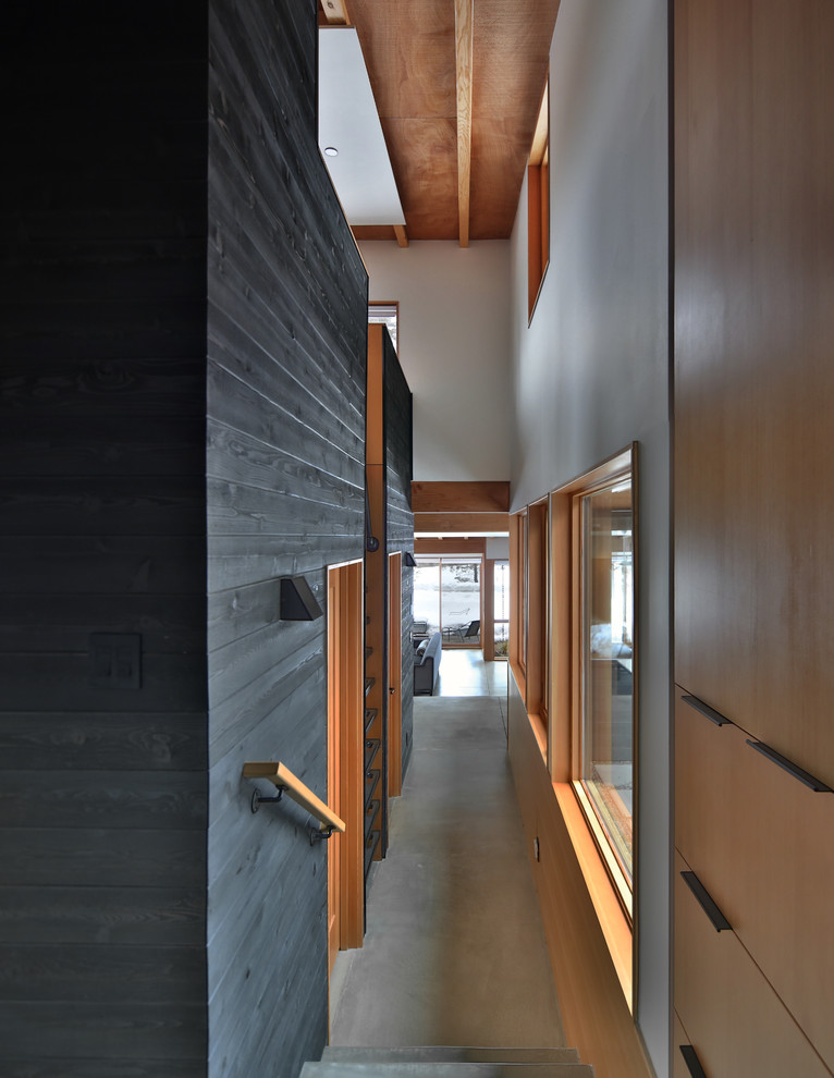 Kleiner Moderner Flur mit schwarzer Wandfarbe, Betonboden und grauem Boden in Seattle