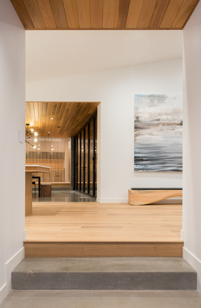Idéer för en modern hall, med vita väggar och ljust trägolv