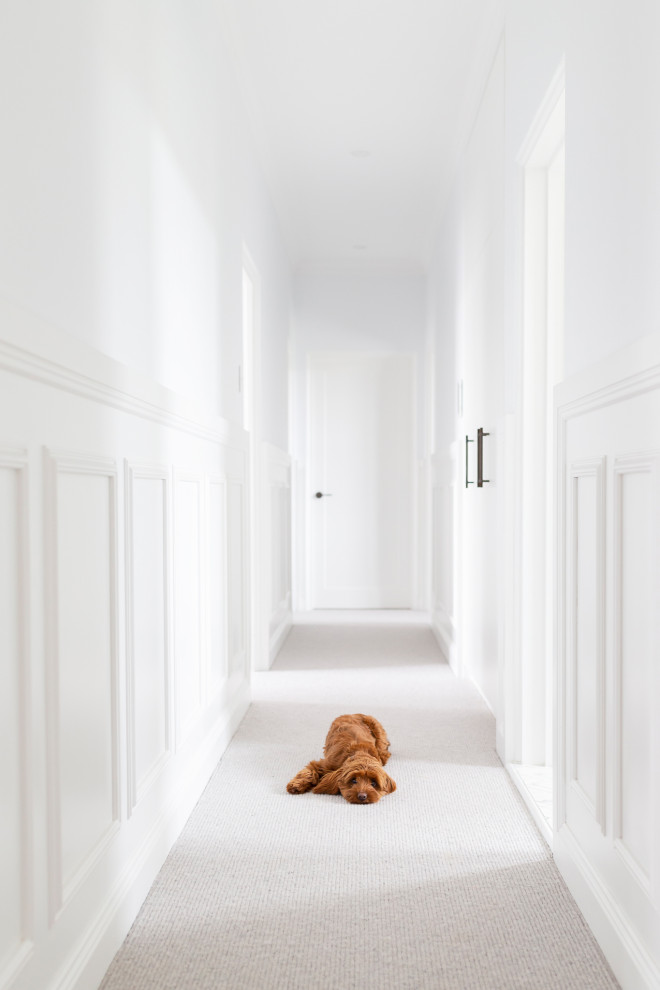 Immagine di un ingresso o corridoio chic con pareti bianche, moquette, pavimento grigio e pannellatura