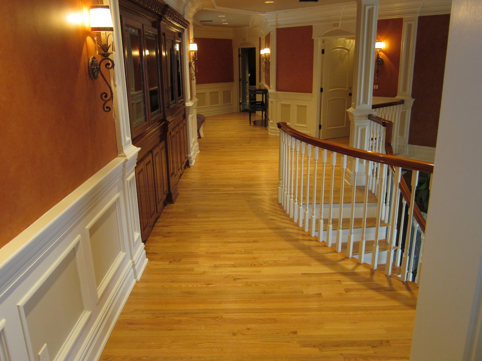 Diseño de recibidores y pasillos clásicos grandes con suelo de madera clara y paredes rojas