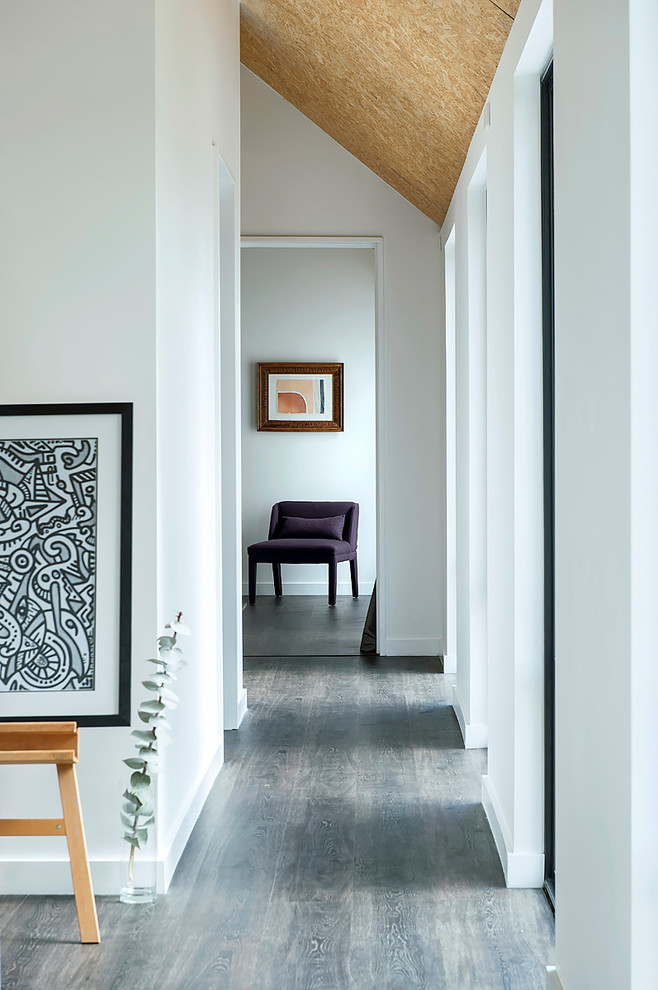 Idee per un ingresso o corridoio minimal di medie dimensioni con pareti bianche, pavimento in laminato e pavimento nero
