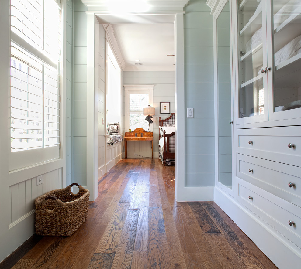 Foto de recibidores y pasillos clásicos de tamaño medio con paredes azules y suelo de madera en tonos medios
