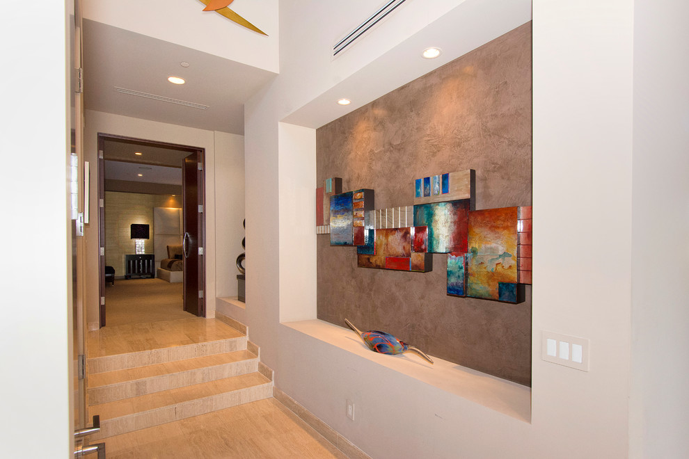 Hallway - contemporary hallway idea in Phoenix with brown walls