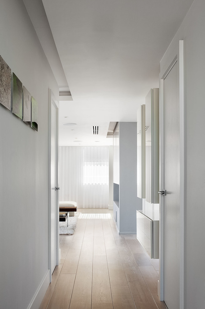 Large trendy light wood floor hallway photo in London with white walls