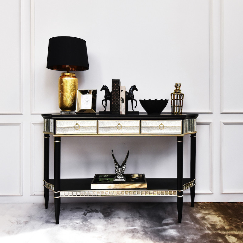 Philippe Black Gold Mirrored Console Table Contemporary Hall