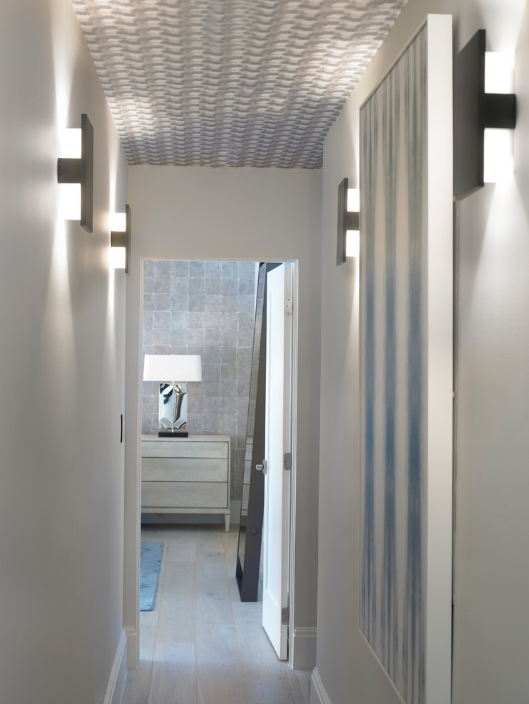 Ejemplo de recibidores y pasillos minimalistas de tamaño medio con paredes grises, suelo de madera clara y suelo beige