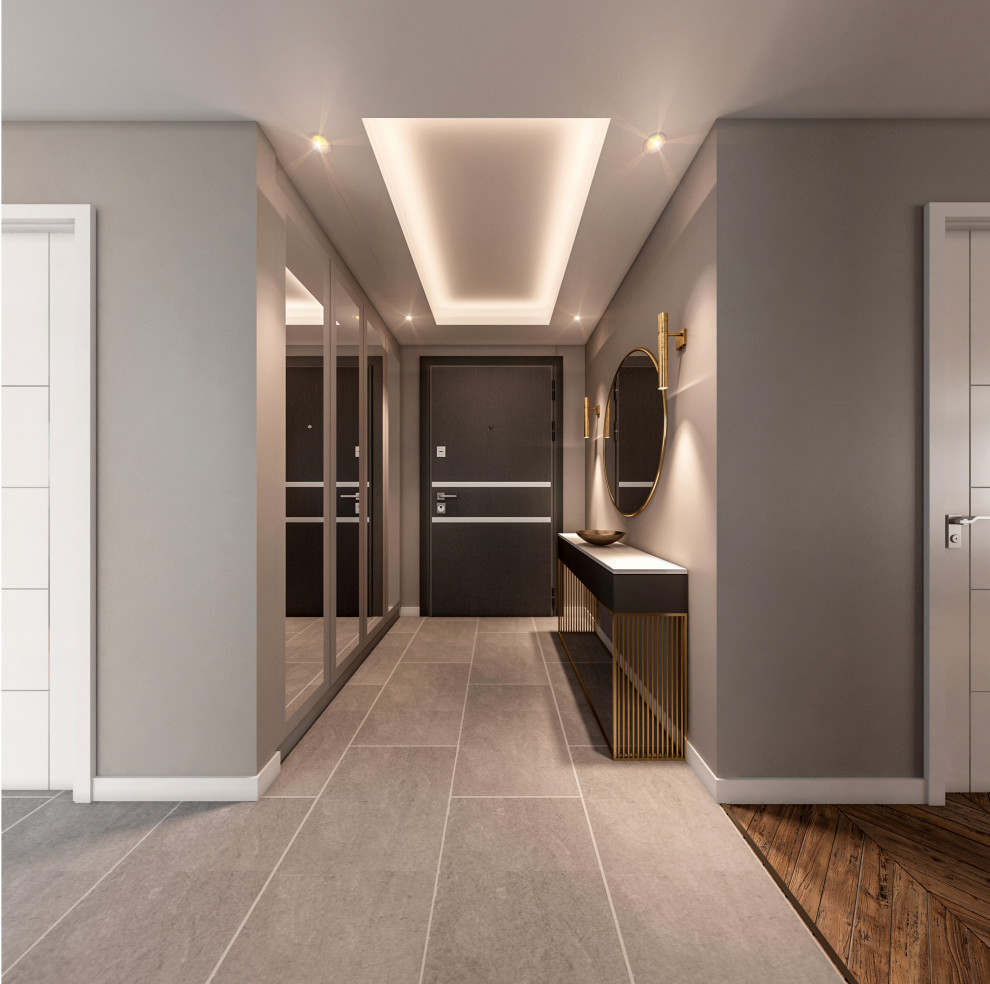 Hallway - large contemporary light wood floor hallway idea in London with white walls