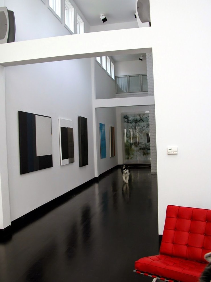 Bild på en stor funkis hall, med vita väggar, klinkergolv i porslin och svart golv