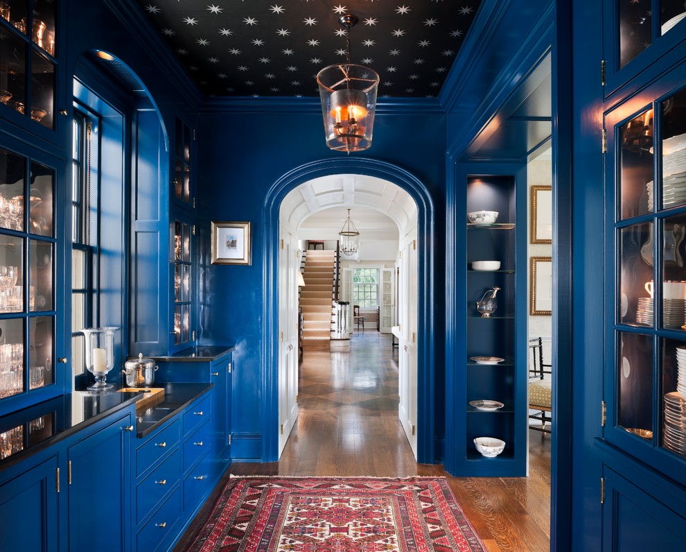 Hallway - traditional dark wood floor hallway idea in Philadelphia with blue walls