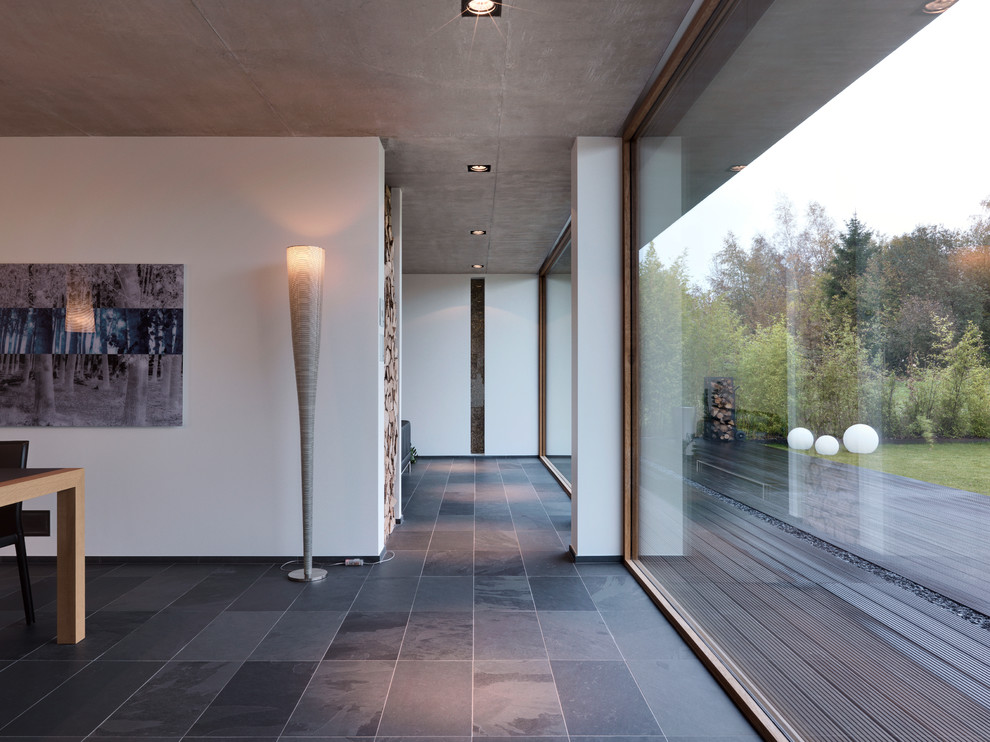 Immagine di un ingresso o corridoio minimalista con pareti bianche, pavimento in ardesia e pavimento grigio