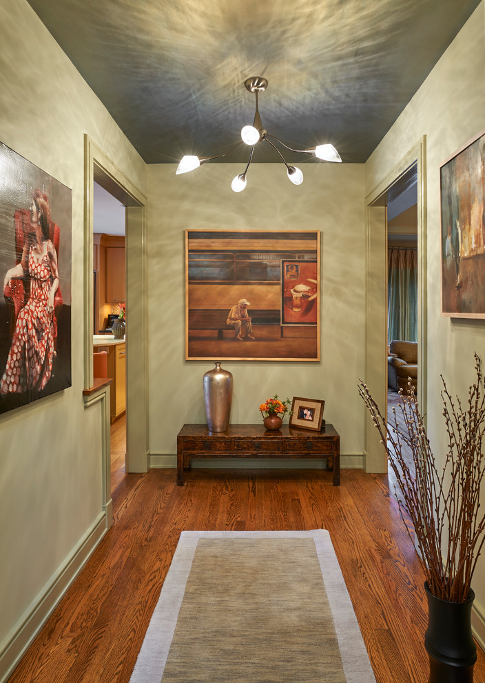 Hallway - huge transitional dark wood floor and brown floor hallway idea in New York with beige walls
