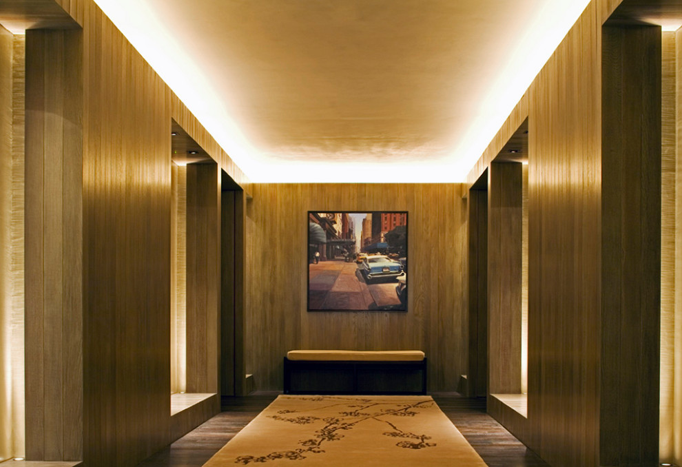Modelo de recibidores y pasillos actuales de tamaño medio con paredes marrones, suelo de madera en tonos medios y suelo marrón