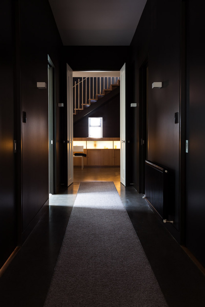 Стильный дизайн: большой коридор в стиле модернизм с черными стенами, ковровым покрытием и коричневым полом - последний тренд