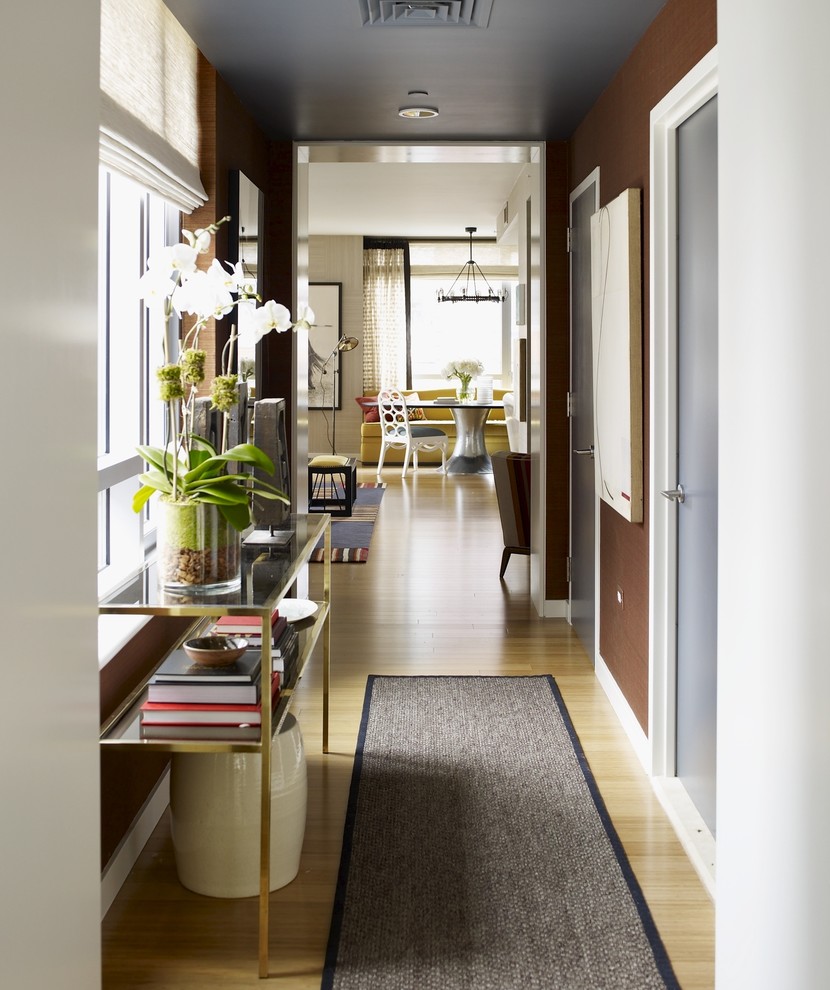 Moderner Flur mit brauner Wandfarbe und hellem Holzboden in New York