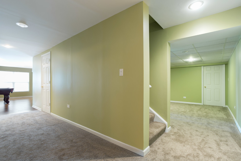 Свежая идея для дизайна: коридор среднего размера в современном стиле с зелеными стенами и ковровым покрытием - отличное фото интерьера