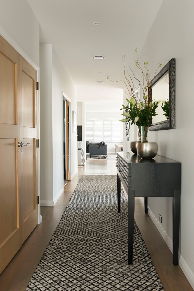 Hallway - large contemporary medium tone wood floor hallway idea in Other with white walls