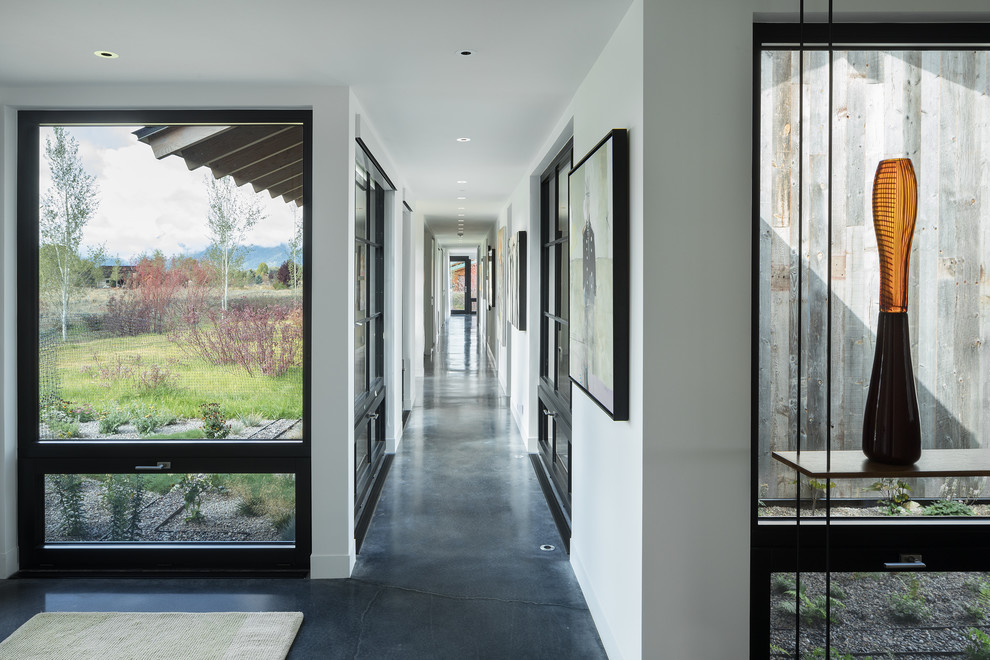 Idée de décoration pour un couloir design de taille moyenne avec un mur blanc, sol en béton ciré et un sol noir.