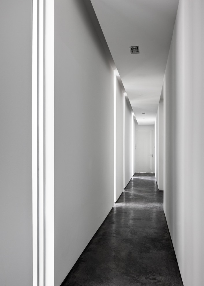 Свежая идея для дизайна: маленький коридор в стиле модернизм с белыми стенами и бетонным полом для на участке и в саду - отличное фото интерьера