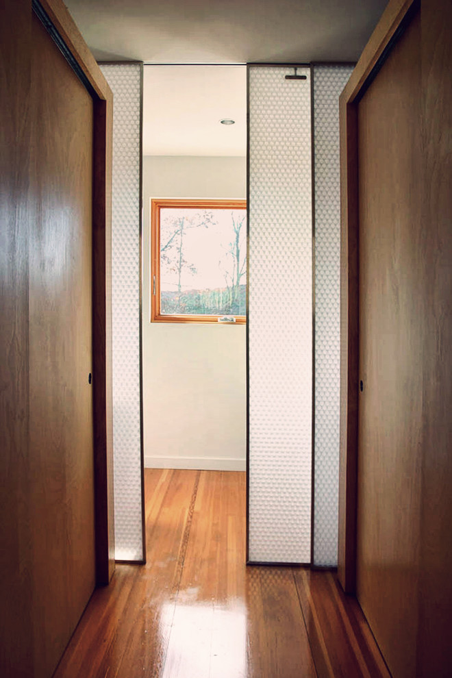 Esempio di un ingresso o corridoio minimalista con pareti multicolore e pavimento in legno massello medio