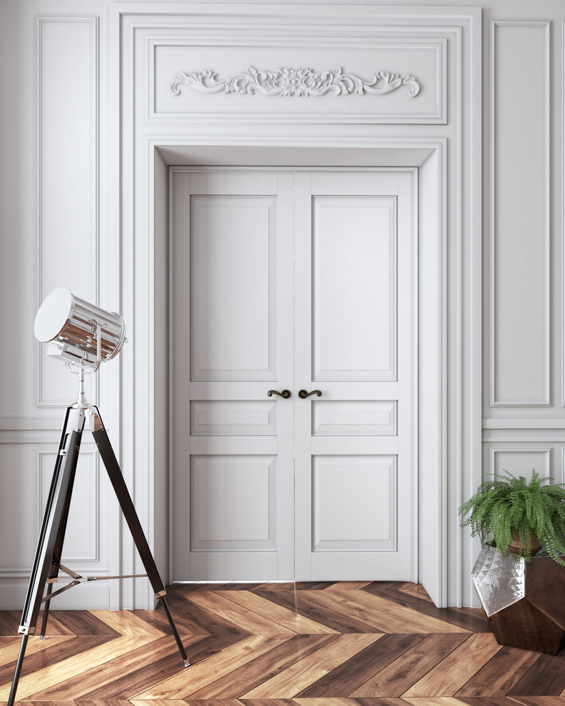 Источник вдохновения для домашнего уюта: коридор среднего размера: освещение в викторианском стиле с белыми стенами и темным паркетным полом