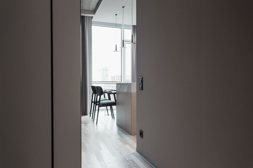 Свежая идея для дизайна: коридор в скандинавском стиле с серыми стенами - отличное фото интерьера