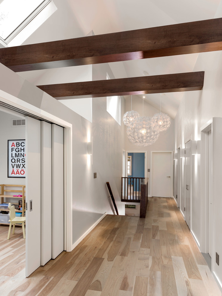 Example of a large trendy light wood floor hallway design in Milwaukee with white walls